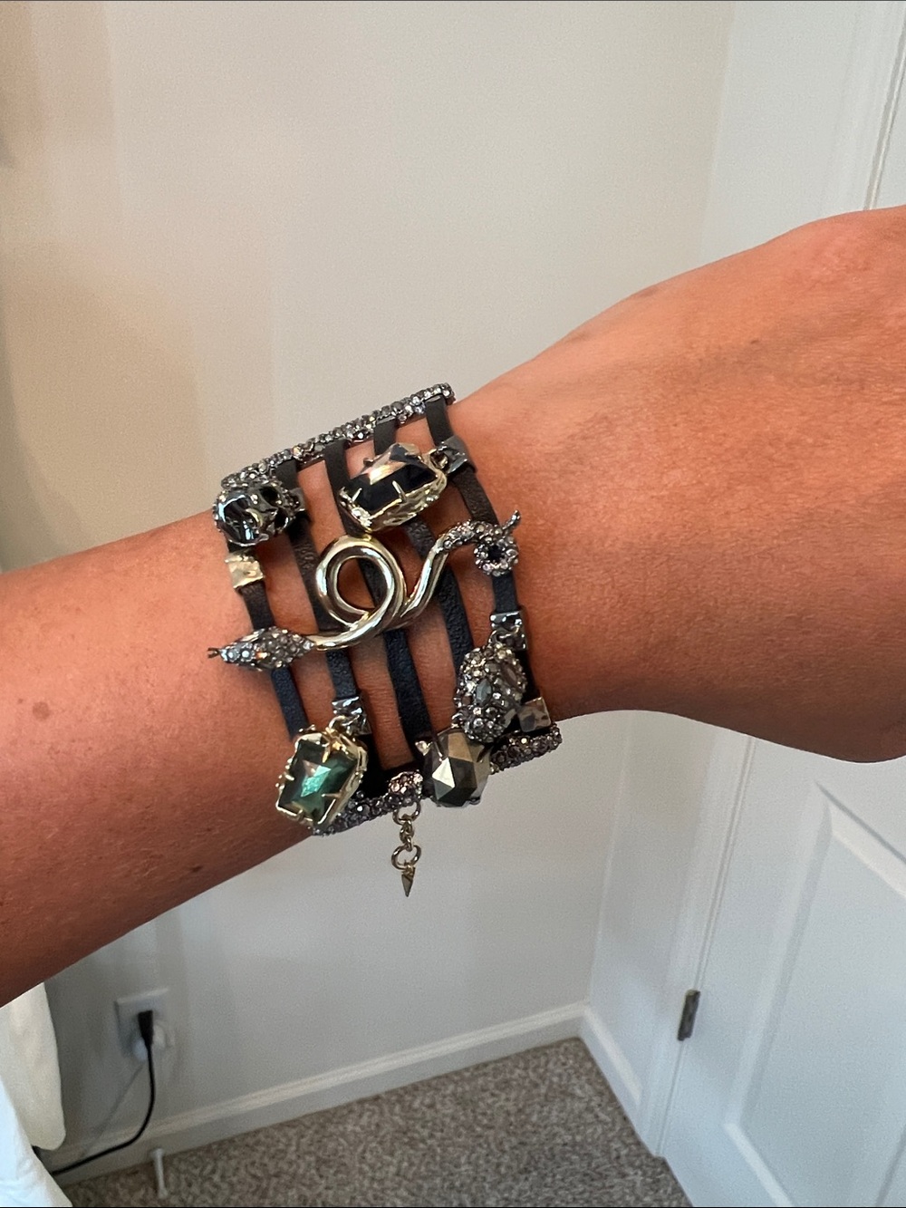Vintage Alexis Bittar Multi-Row Black Leather Bracelet Punk Snake Skull